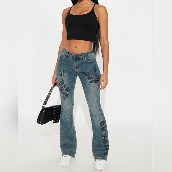 Tattoo Medium Wash Blue Denim Flared Jeans Biker Gift Punk Retro Rock Travel Y2K